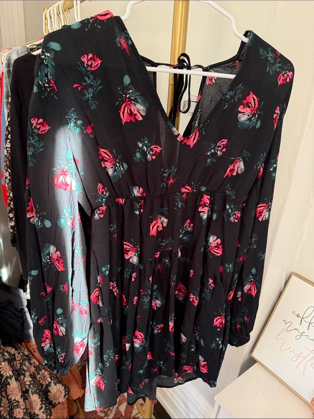 a new day Black Floral Long Sleeve Tiered Dress with Pink and Teal Flowers